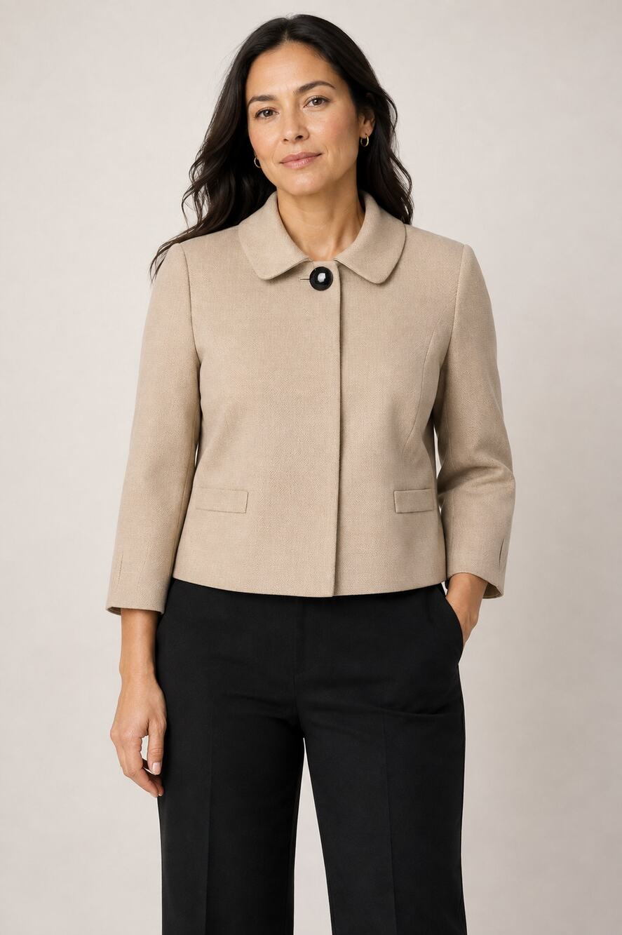 NEW BANANA REPUBLIC 14 100% Wool Cropped Jacket Beige Tan Black Button Career